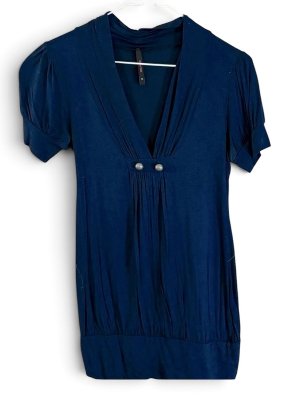 Navy Blue Deep V-Neckline Pleated Front Pullover Tee Top Blouse